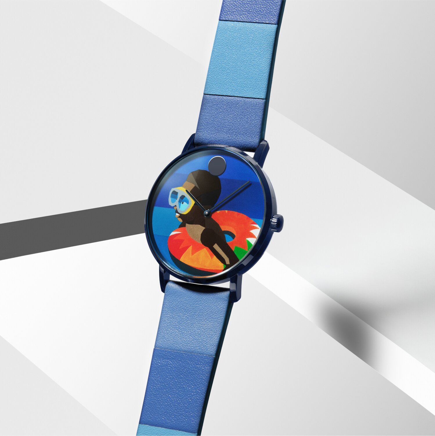 Blue Movado watch featuring the artwork of Derrick Adams, Floater 109