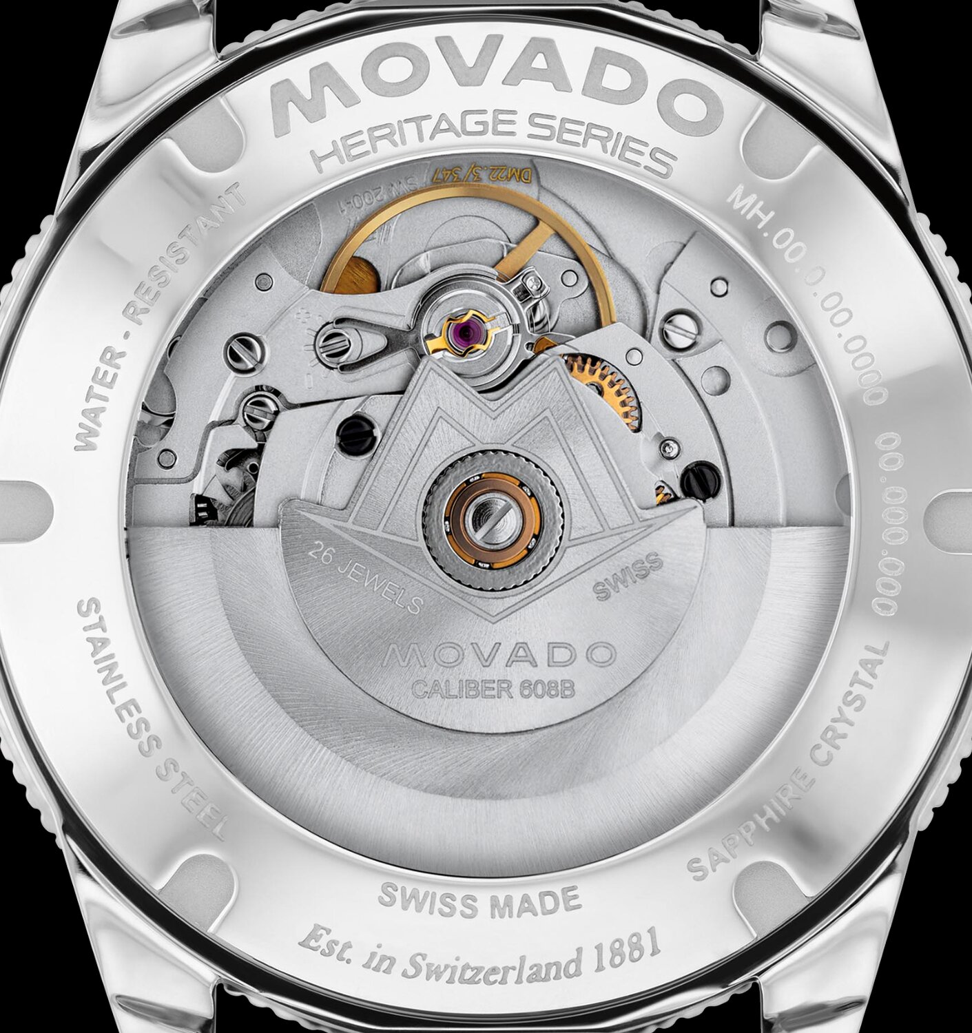 Caseback of a Heritage Series Datron Automatic watch featuring an exposed automatic movement.