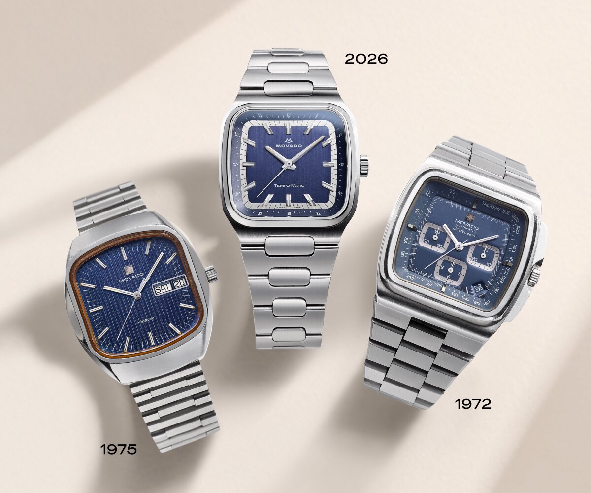 Three TV-Shaped case watches with stainless steel bracelets and blue dials. First watch has date, "1975", second watch has date, "2026", third watch has date, "1972".