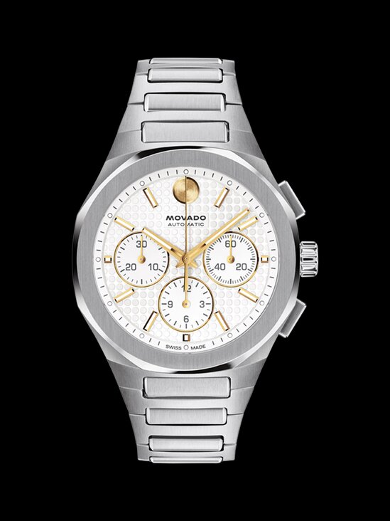 Alta Centurion Chronograph watch with stainless steel bracelet and white dial.