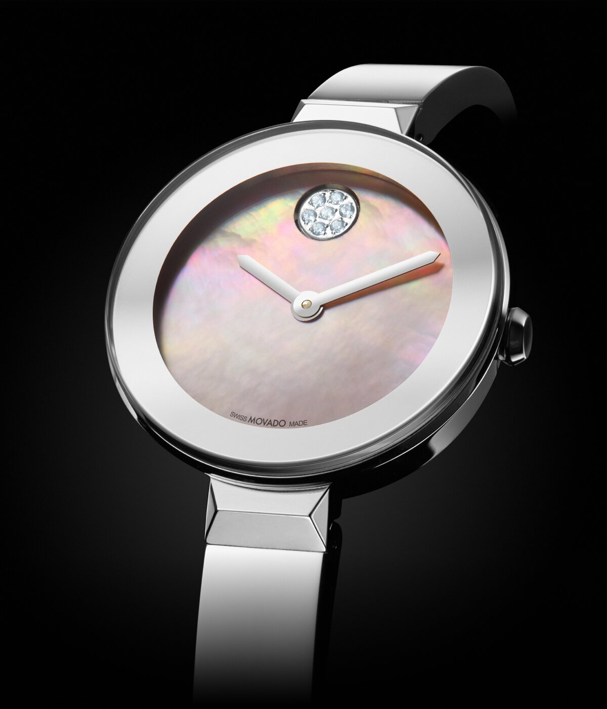 Silver BOLD Bangle watch with pink mother of pearl dial with crystal set dot.