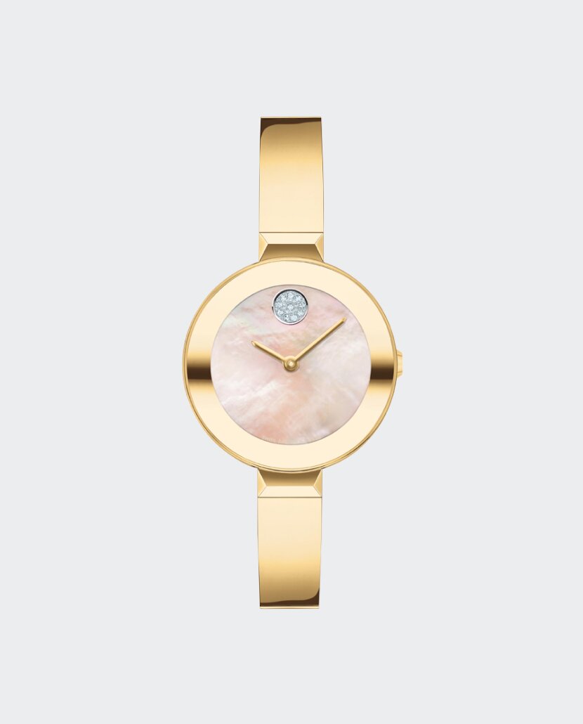 Gold tone BOLD Bangle watch with pink mother of pearl dial and crystal set dot.