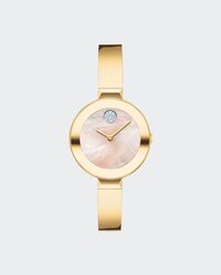Gold tone BOLD Bangle watch with pink mother of pearl dial and crystal set dot.
