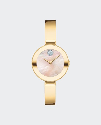 Gold tone BOLD Bangle watch with pink mother of pearl dial and crystal set dot.