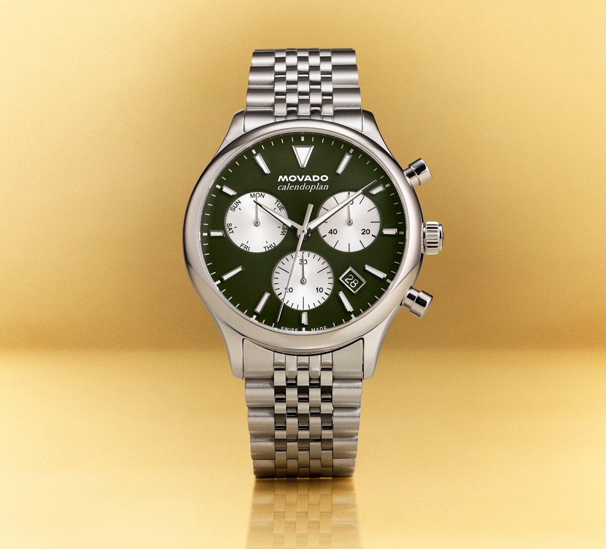 Heritage Series Calendoplan S chronograph watch with stainless steel bracelet and green dial