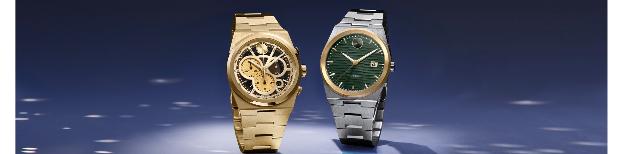 Gold tone BOLD Quest Skeleton watch next to a BOLD Quest watch with stainless steel bracelet and green dial.
