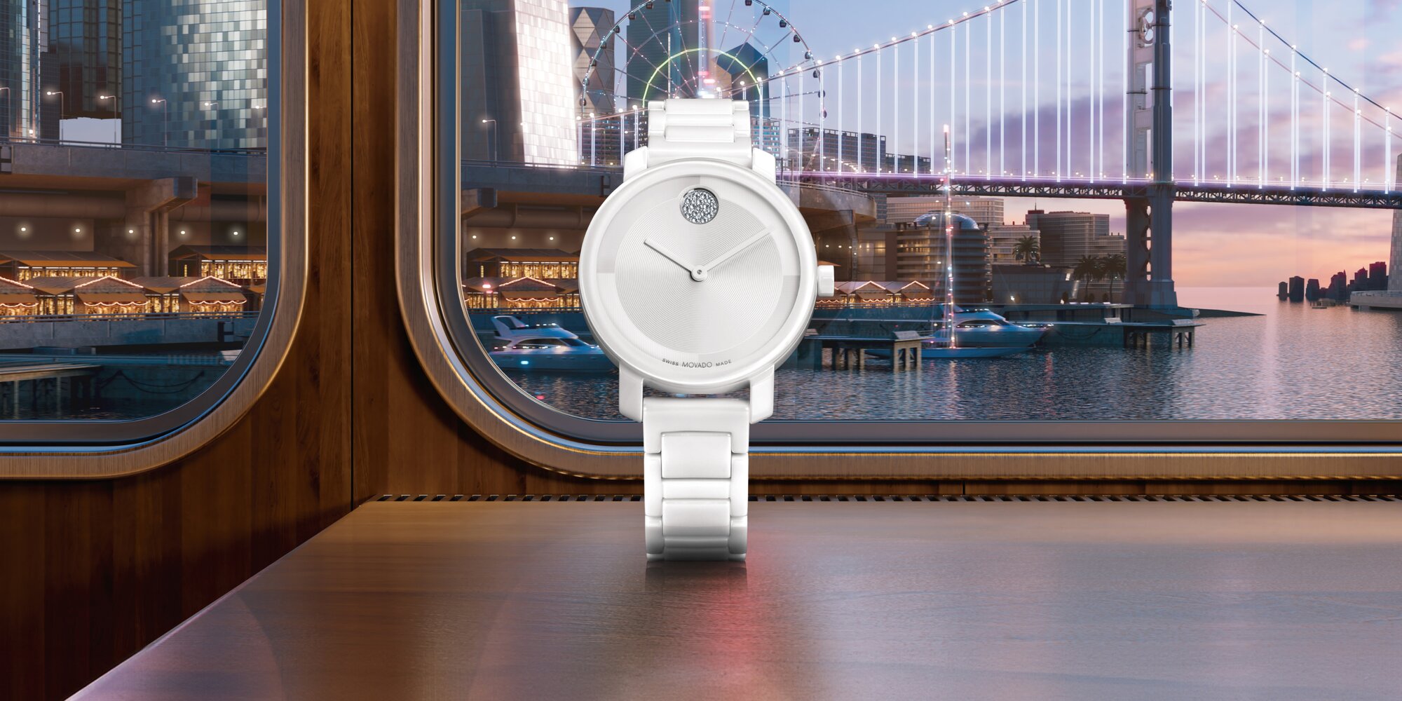 Movado BOLD Evolution 2.0 sitting in front of a train window