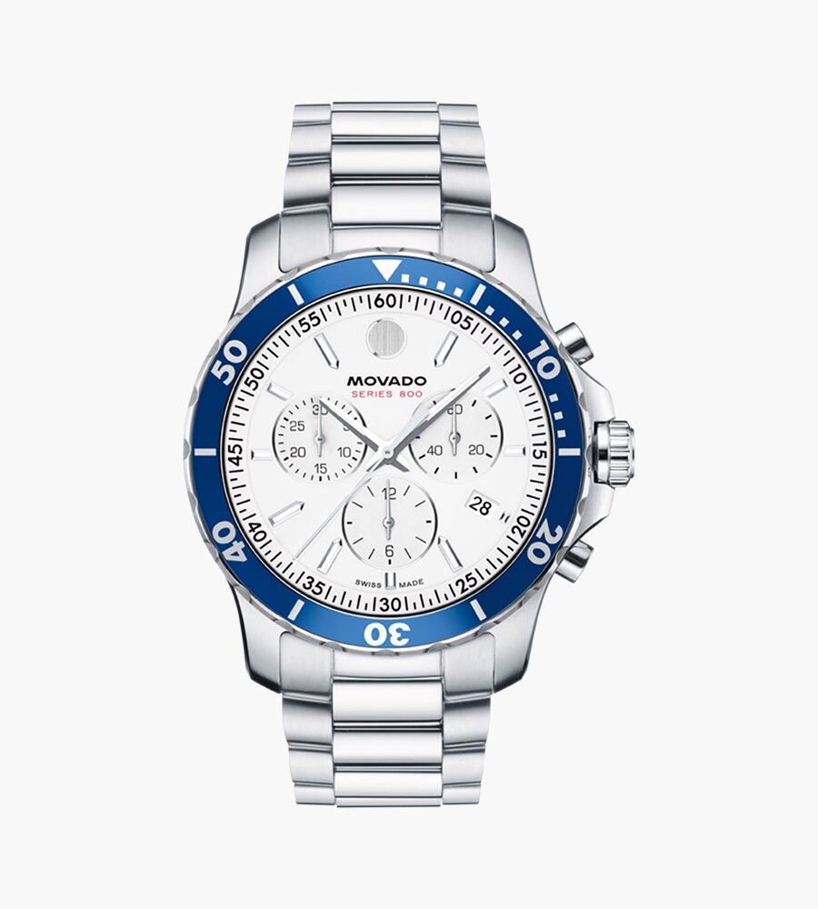 Series 800 watch with silver bracelet, white dial and blue bezel