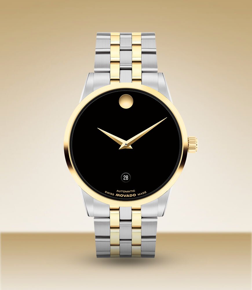 Museum Classic watch with two tone bracelet and black dial.