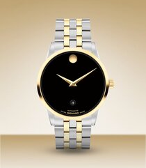 Museum Classic watch with two tone bracelet and black dial.