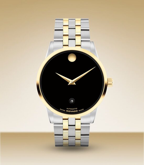 Museum Classic watch with two tone bracelet and black dial.