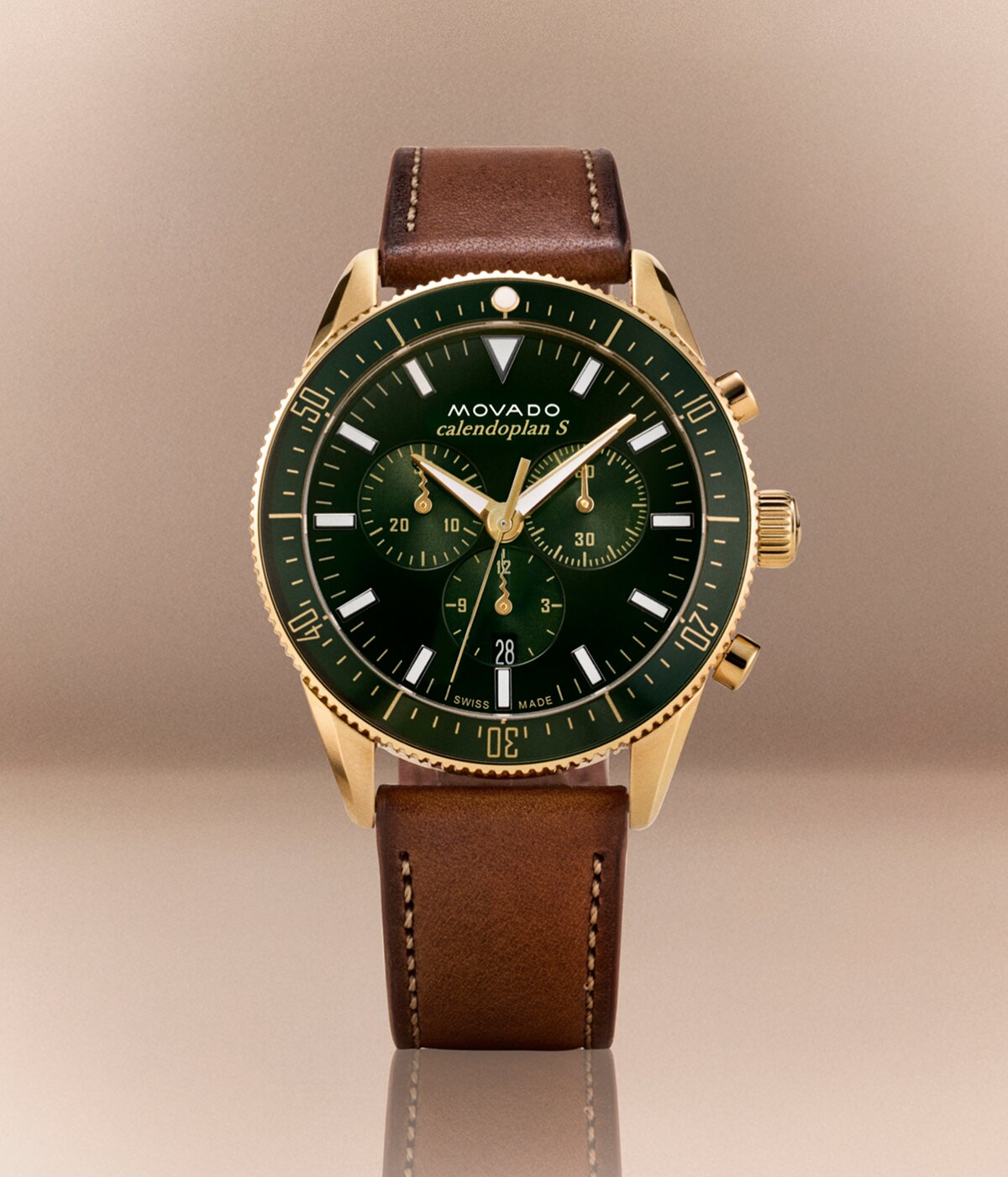 Heritage Series Calendoplan S watch with brown strap and green chronograph dial.