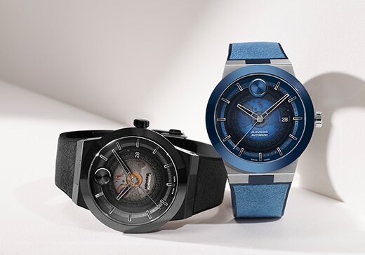 Black BOLD Fusion watch with skeleton dial next to a blue BOLD Fusion watch with skeleton dial.
