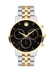 Museum Classic Chronograph watch with two tone bracelet and black dial with gold accents.
