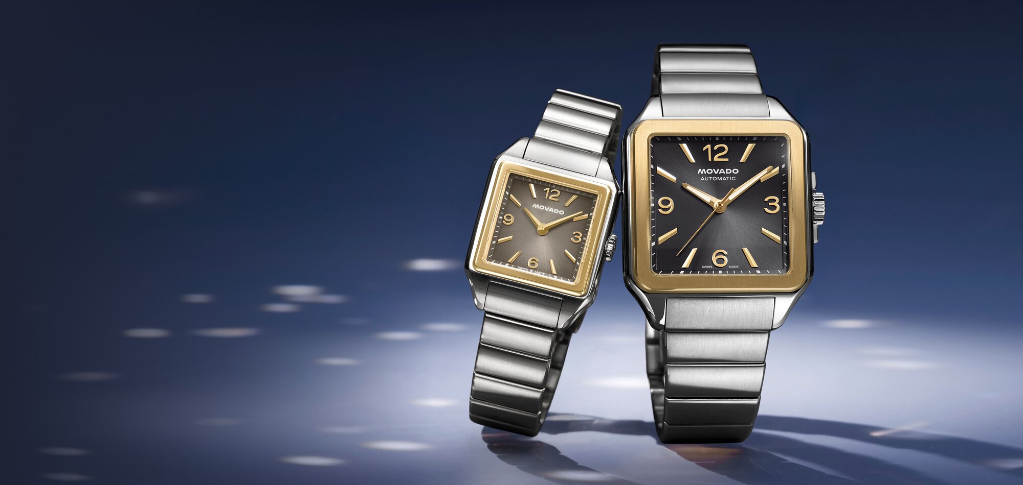 Two tone womens and mens 1917 watches with square dial and stainless steel bracelet.