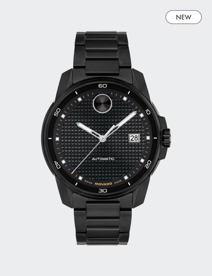 BOLD Verso Automatic  black PVD bracelet watch and "new" badge in the top right corner.