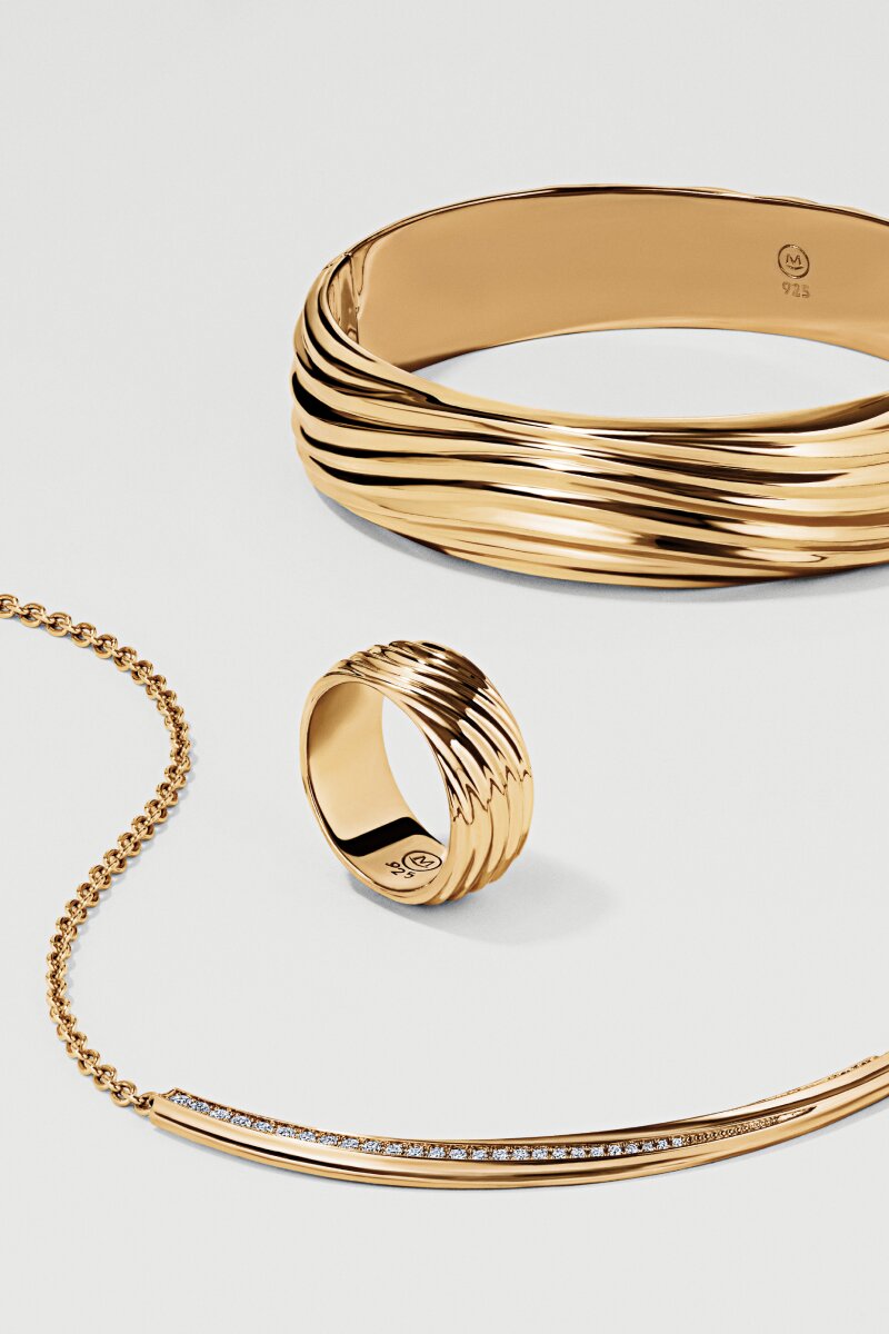Gold tone curve bangle, ring and necklace with lab grown diamonds.