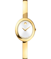 Gold tone Museum Classic bangle watch with silver white oval dial. 