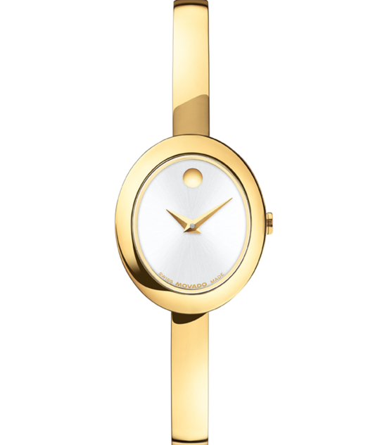 Gold tone Museum Classic bangle watch with silver white oval dial. 
