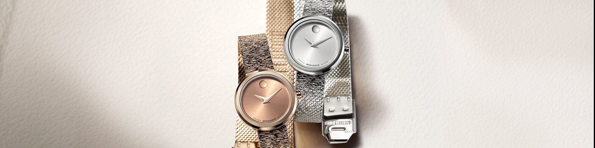 Women's Museum Velura mesh watches in stainless steel and rose gold tone.
