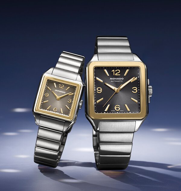 Men's and Women's Heritage 1917 watches with stainless steel bracelets and square dials.