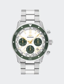 Alta Super Sub Sea Chronograph watch with stainless steel bracelet and white and green dial.