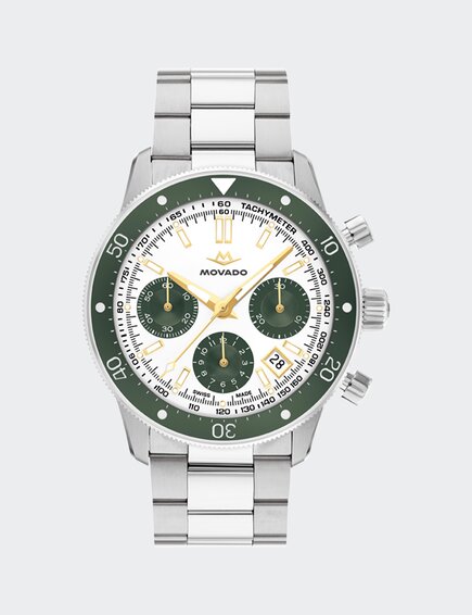 Alta Super Sub Sea Chronograph watch with stainless steel bracelet and white and green dial.