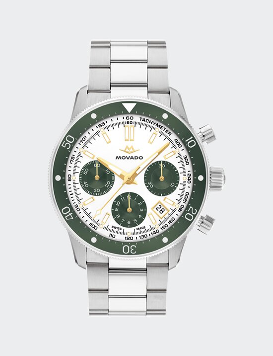 Alta Super Sub Sea Chronograph watch with stainless steel bracelet and white and green dial.