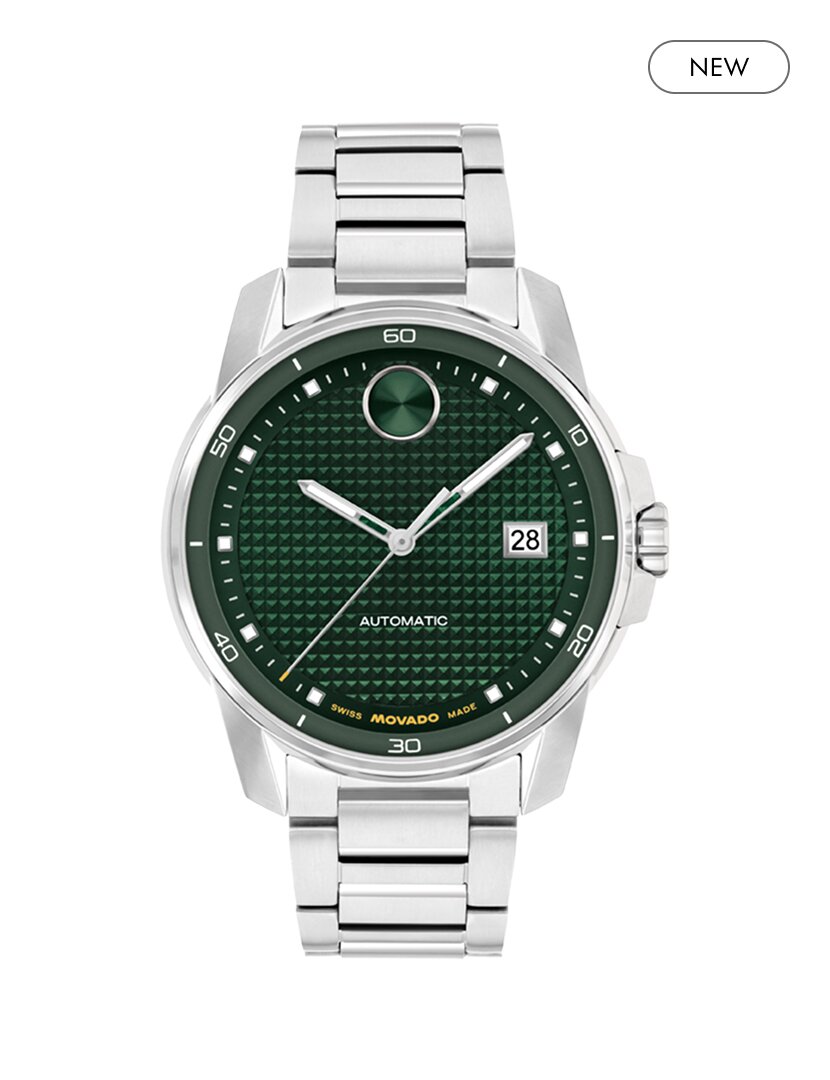 BOLD Verso Automatic  stainless steel bracelet watch with green dial and "new" badge in the top right corner.