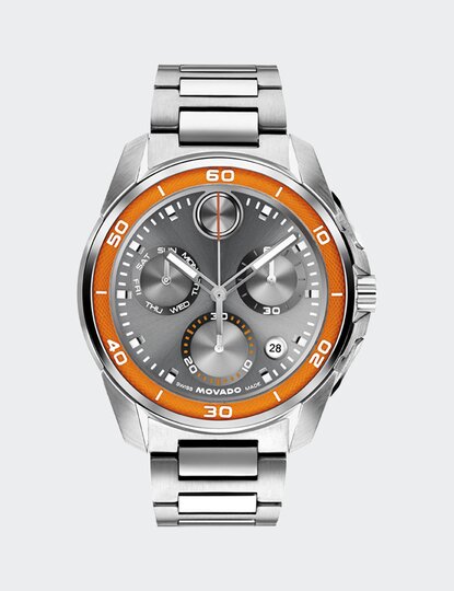 Stainless steel BOLD Verso S Chronograph bracelet watch with orange minute track.
