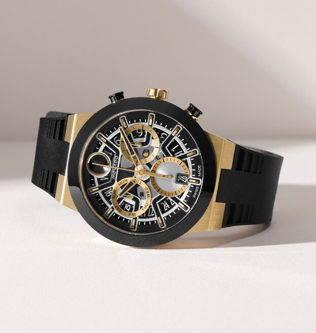 BOLD Fusion Chronograph watch with black rubber strap and skeleton dial.