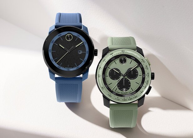 BOLD TR90 watch with Blue rubber strap and black dial next to a BOLD TR90 watch with Green rubber strap, green dial and black chronograph sub dials.