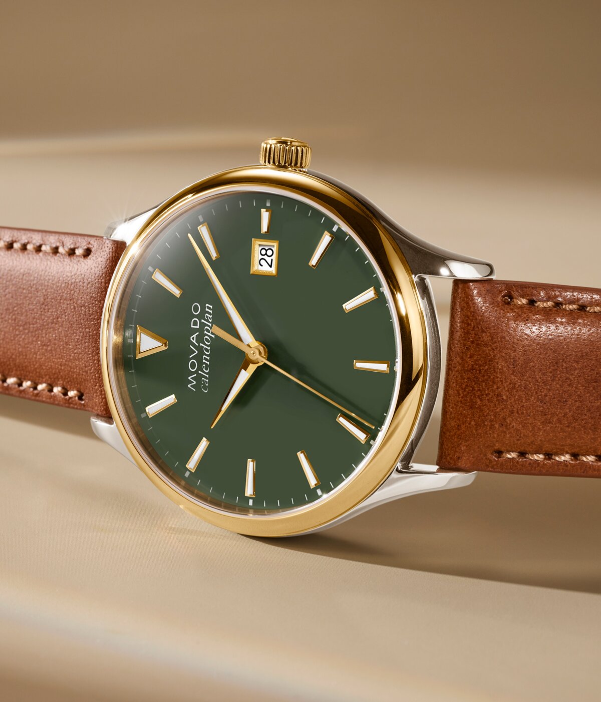 Heritage Series Calendoplan watch with brown strap and green dial.