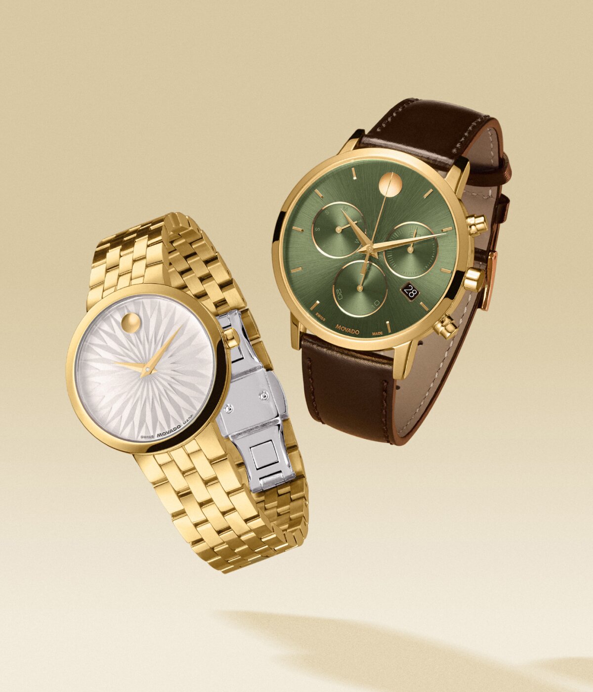 Museum Classic women's watch with gold plated bracelet and white textured dial next to a men's Museum Classic chronograph watch with brown strap and green dial