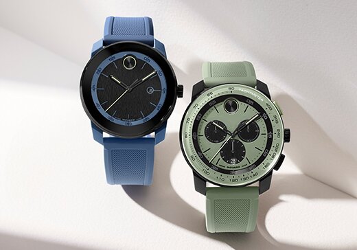 BOLD TR90 watch with Blue rubber strap and black dial next to a BOLD TR90 watch with Green rubber strap, green dial and black chronograph sub dials.