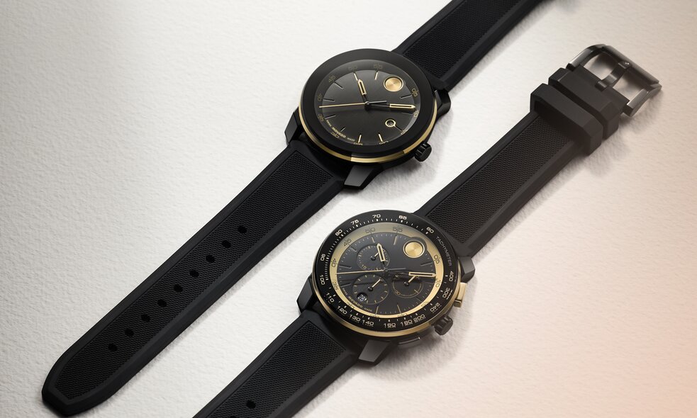 BOLD TR90 watches with black rubber strap and gold tone accents on the dials.