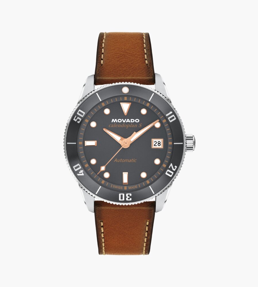 Heritage Calendoplan S watch with brown strap and grey dial.