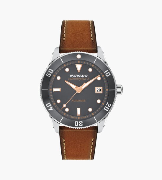 Heritage Calendoplan S watch with brown strap and grey dial.
