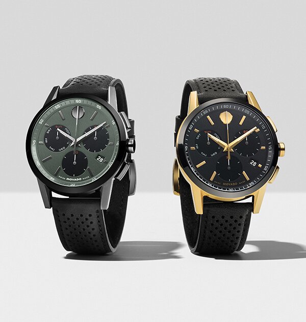 Museum Sport watch with black perforated leather strap and green chronograph dial next to Museum Sport watch with black perforated strap and black chronograph dial