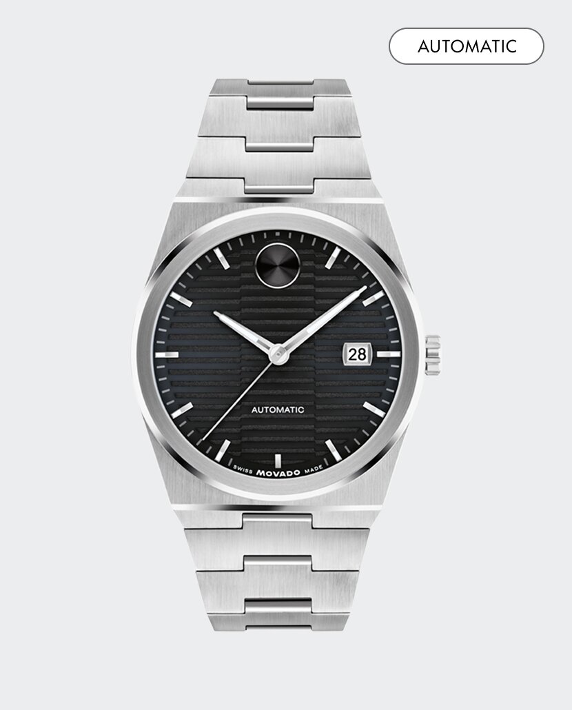 BOLD Quest Automatic watch with silver bracelet and black dial.