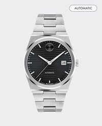 BOLD Quest Automatic watch with silver bracelet and black dial.