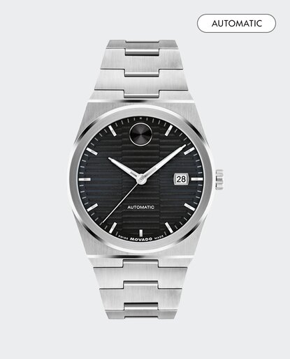 BOLD Quest Automatic watch with silver bracelet and black dial.