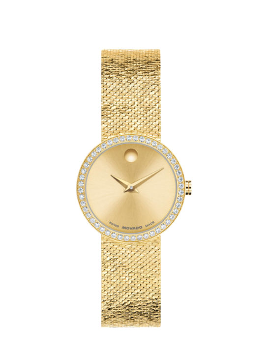 Gold tone Museum Velura watch with mesh bracelet and lab grown diamond bezel.
