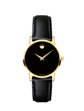 Black Museum Classic watch with leather strap and gold accents.