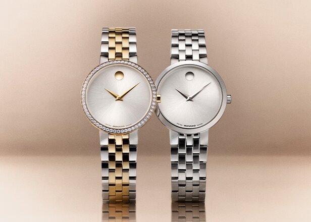 Two tone museum classic women's watch featuring lab grown diamonds next to a silver museum classic women's watch