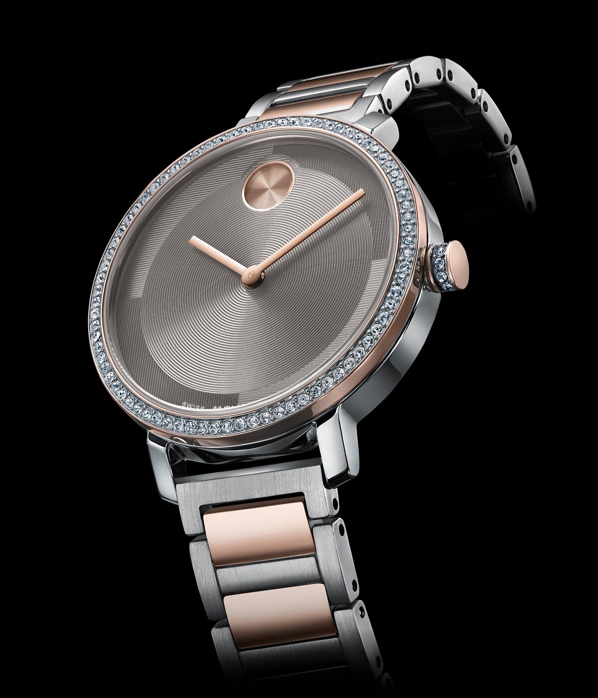 Rose gold tone and stainless steel BOLD Evolution 2.0 bracelet watch with crystal bezel.