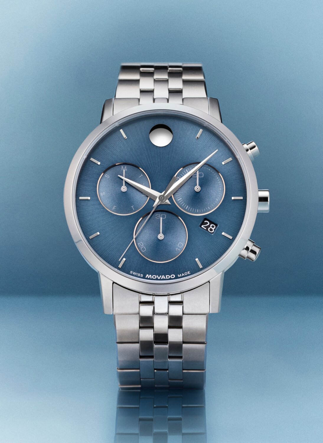 Museum Classic with stainless steel bracelet and blue chronograph dial.