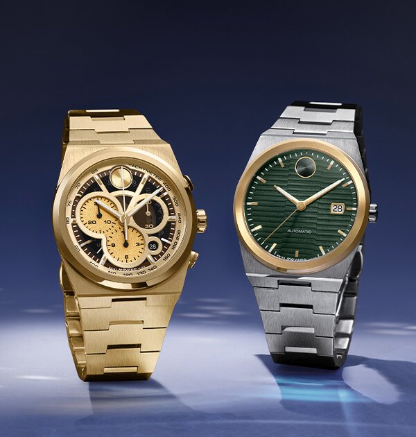 Gold tone BOLD Quest Skeleton watch next to a BOLD Quest watch with stainless steel bracelet and green dial.
