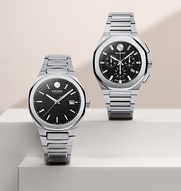 Stainless Steel Centurion Automatic and Centurion Chronograph bracelet watches with black dials.