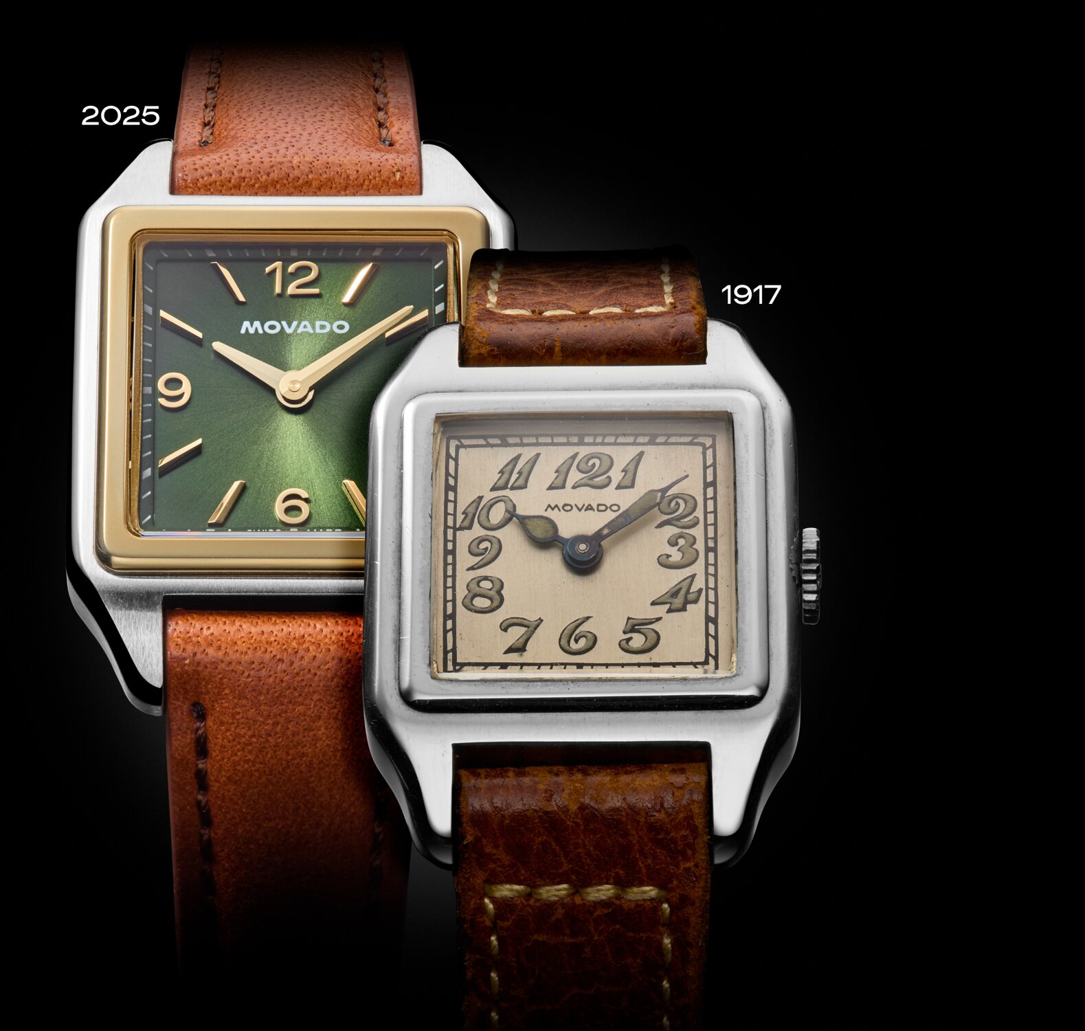 Heritage 1917 watch from 1917 with dark brown leather strap and taupe square dial in front of the 2025 Heritage 1917 watch with brown strap and green square dial.